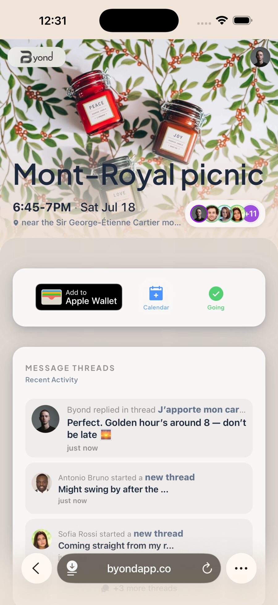 Event page — chat, wallet and calendar in one place